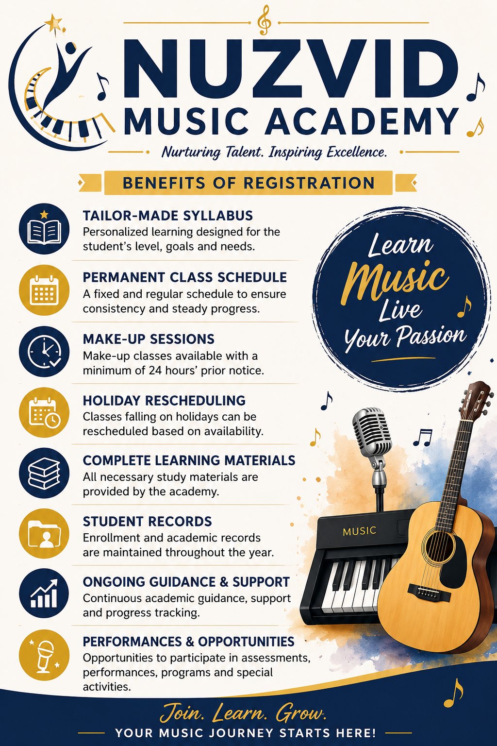 Benefits of registration at Nuzvid Music Academy